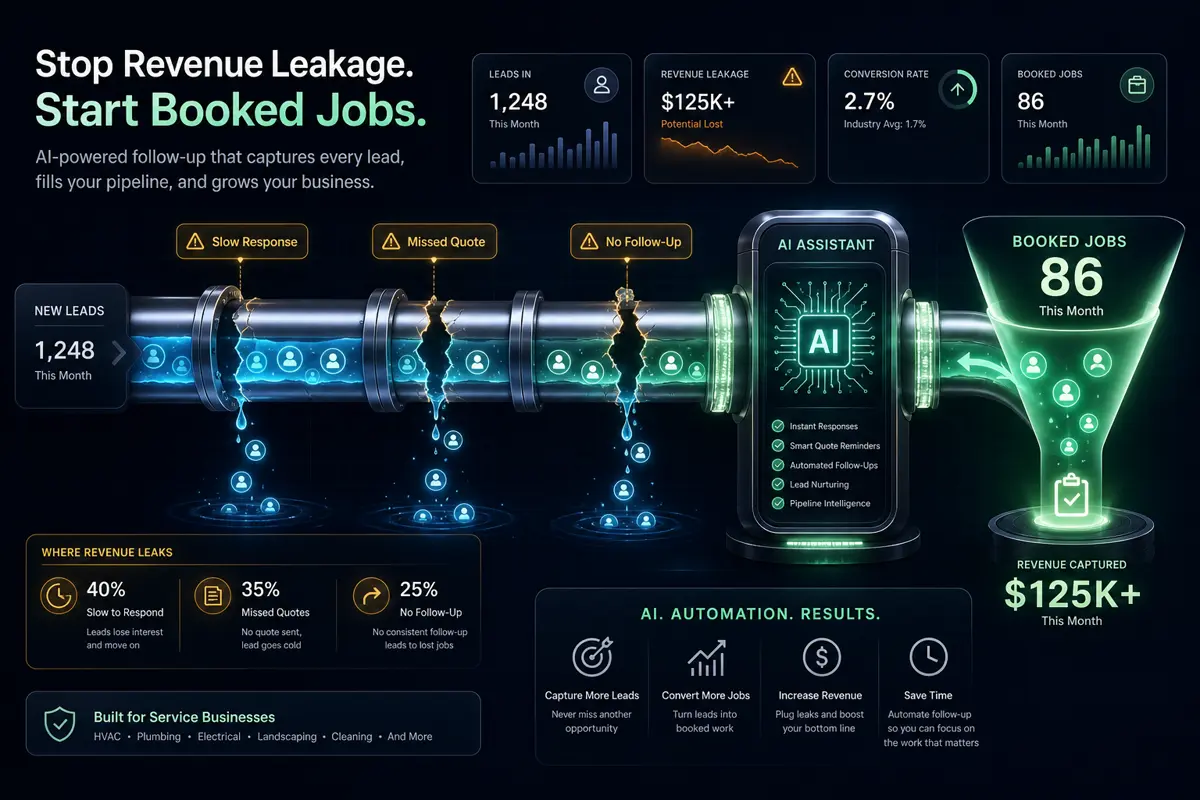 Revenue leakage pipeline showing slow response, missed quotes, no follow-up, and AI-assisted booked jobs